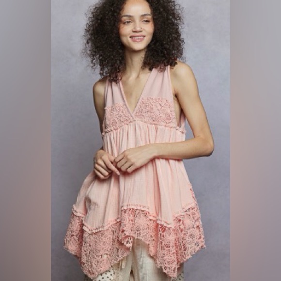POL Tops - POL Pink Lace-Trim Sleeveless Crochet V-Neck Tank